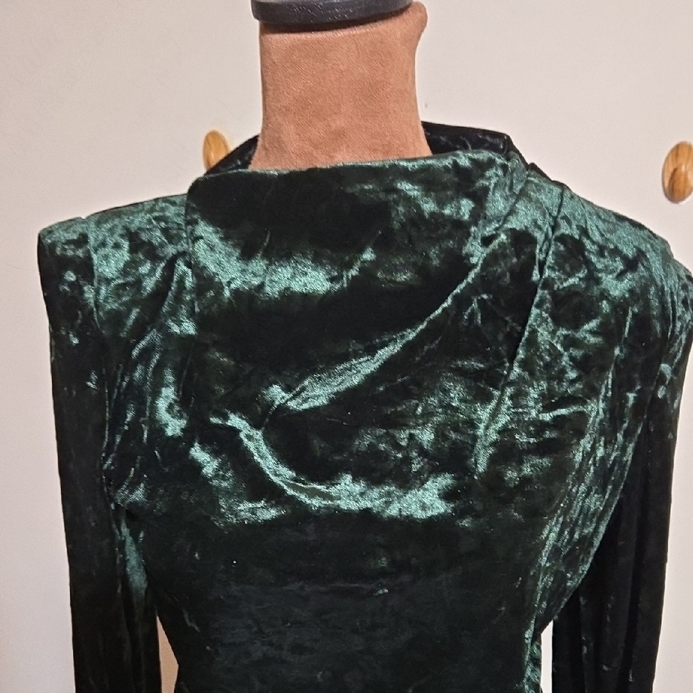 DR2 NWT Zara Emerald Green Side Zip Draped Dress Sz Sm Velvet Ruched Sleeve - Picture 3 of 13
